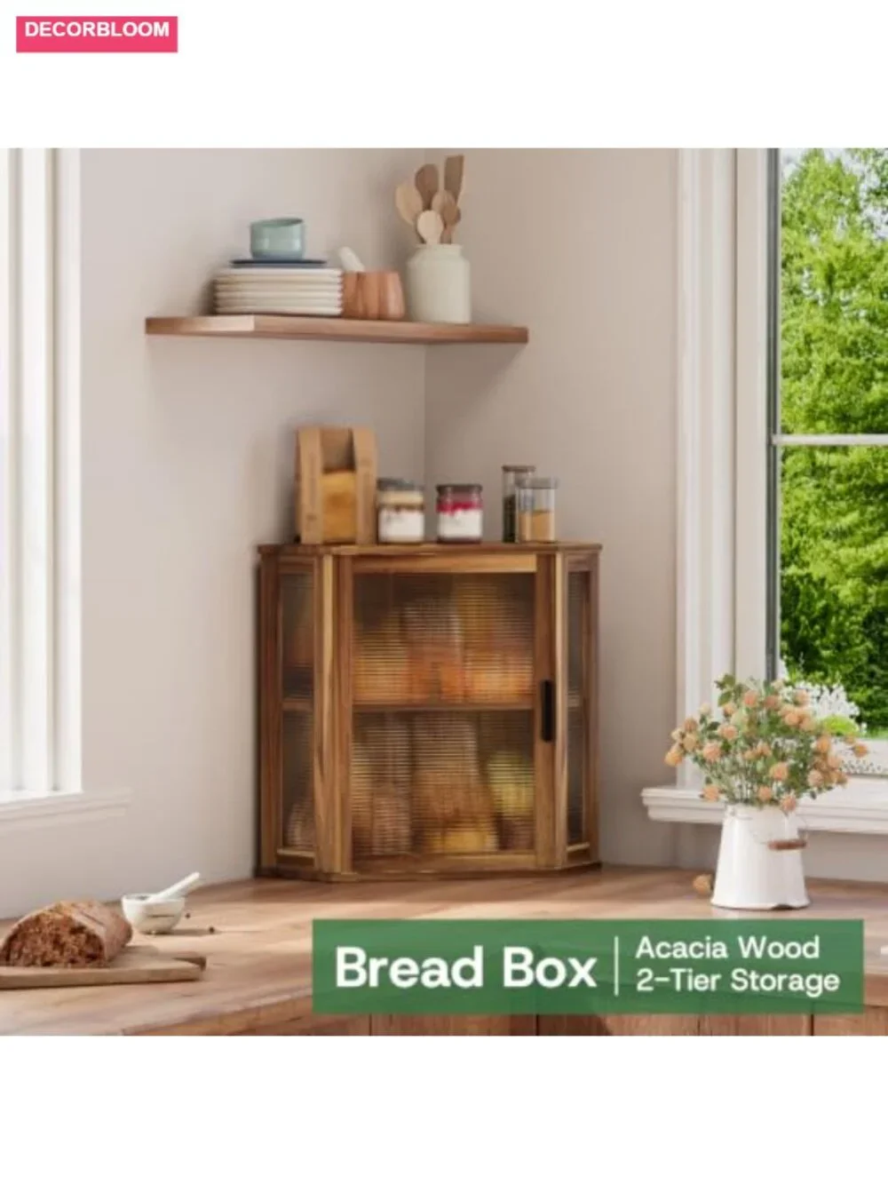 Acacia Wood Corner Bread Box with Magnetic Acrylic Window, Double Layer Storage